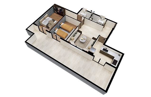 Appartement D61 avec terrasse en perspective 3D