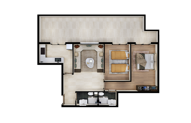 Plan de l'appartement D61 et de sa terrasse